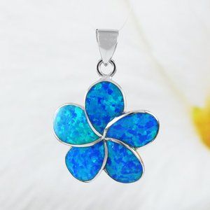 New Silver Opal Plumeria Flower Pendant Necklace
